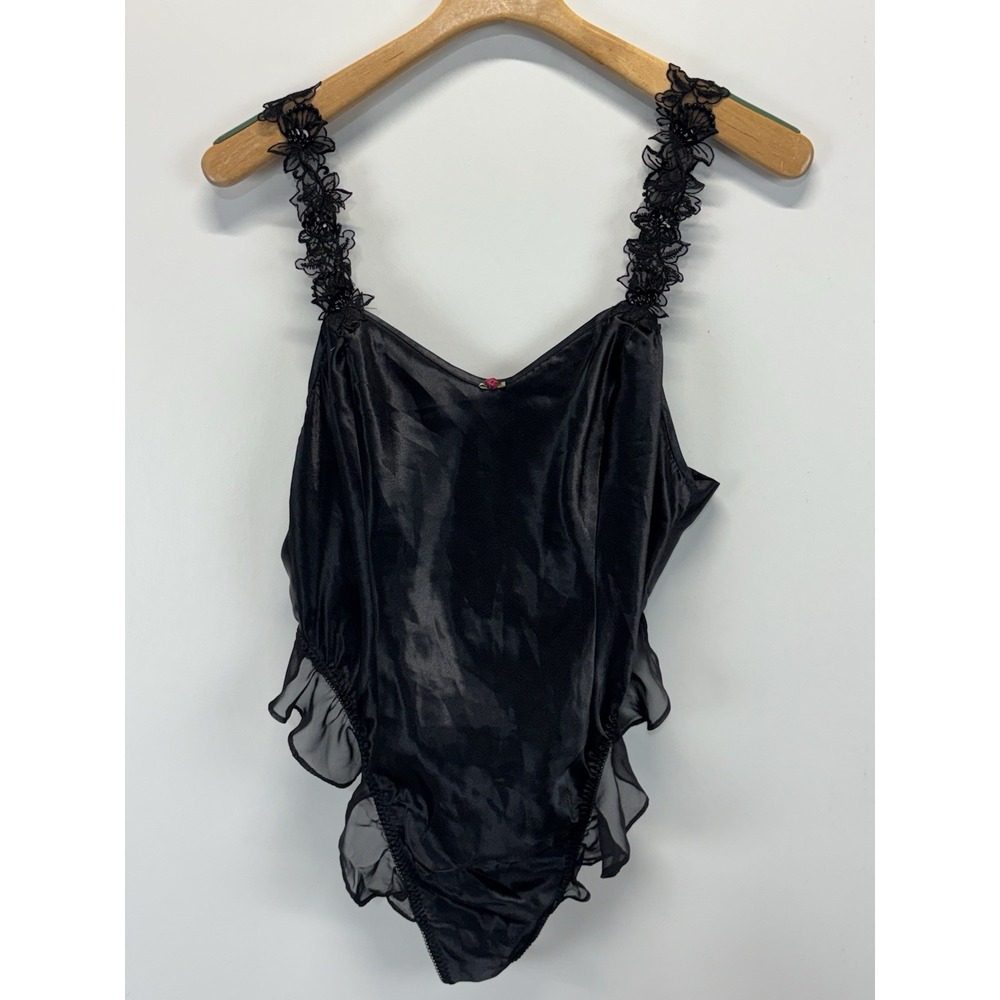 Vtg California Dynasty Satin Bodysuit Women's L Black Ruffle Made In USA 1 Piece